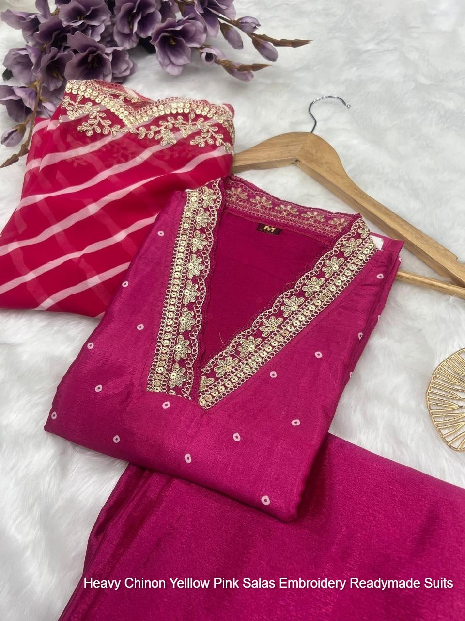 Heavy Chinon Yelllow Pink Salas Embroidery Readymade Suits