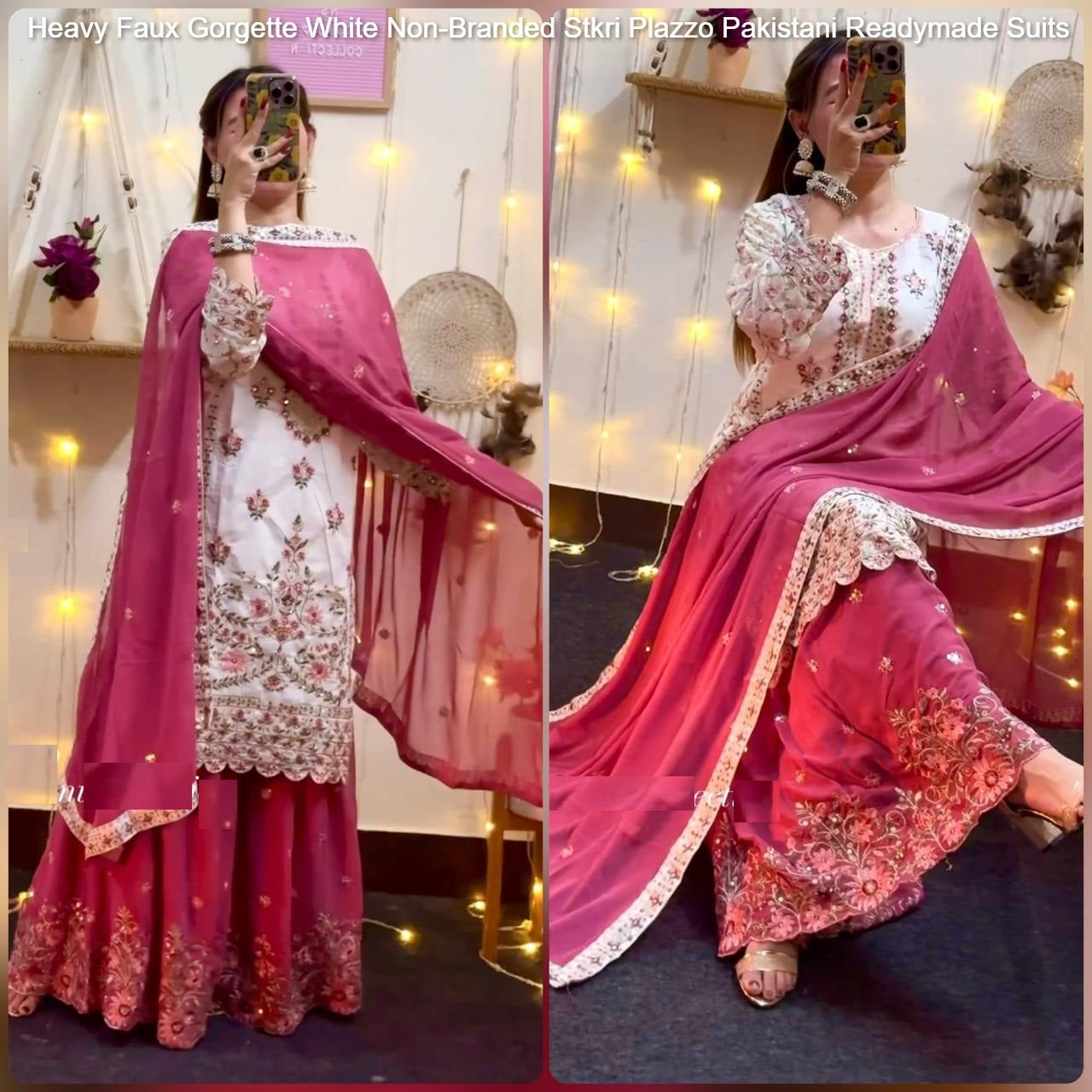 Heavy Faux Gorgette White Non-Branded Stkri Plazzo Pakistani Readymade Suits