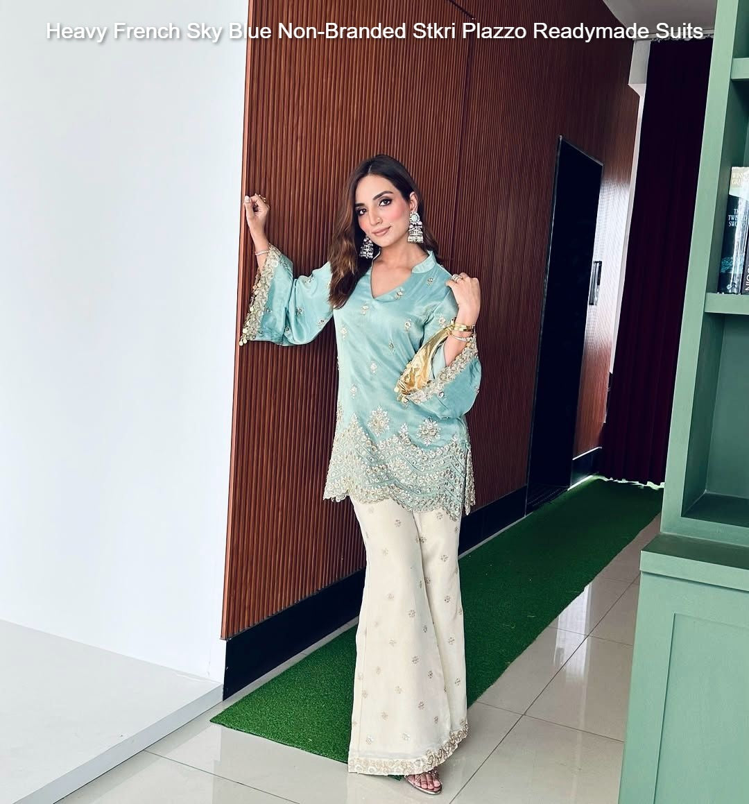 Heavy French Sky Blue Non-Branded Stkri Plazzo Readymade Suits