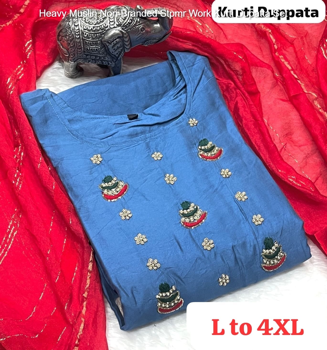 Heavy Muslin Non-Branded Stpmr Work Kurti Dupatta Set