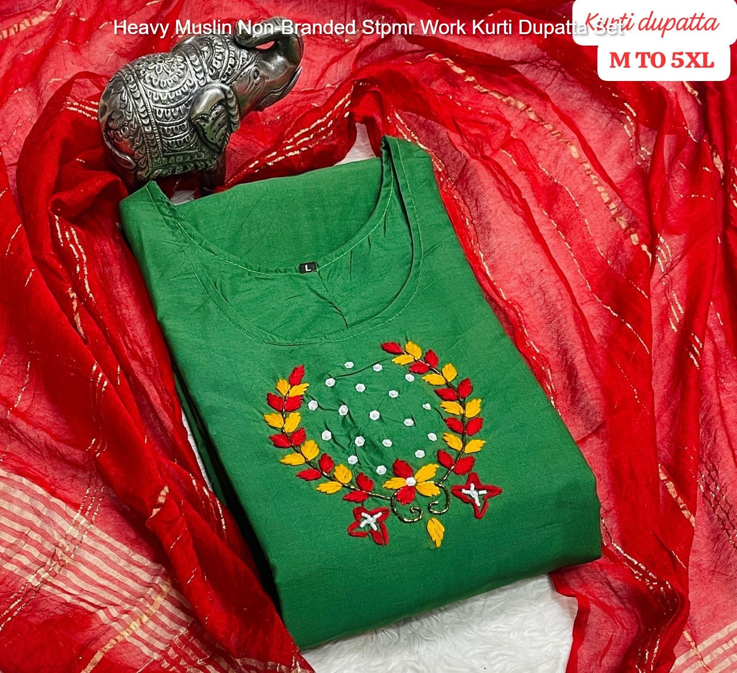 Heavy Muslin Non-Branded Stpmr Work Kurti Dupatta Set