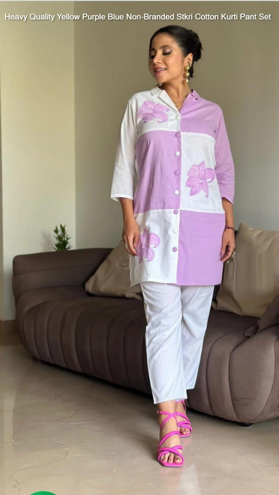 Heavy Quality Yellow Purple Blue Non-Branded Stkri Cotton Kurti Pant Set