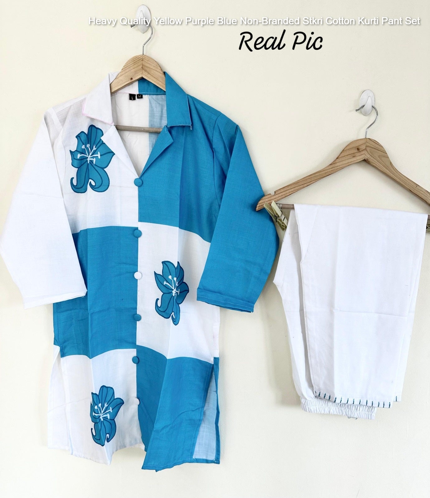 Heavy Quality Yellow Purple Blue Non-Branded Stkri Cotton Kurti Pant Set