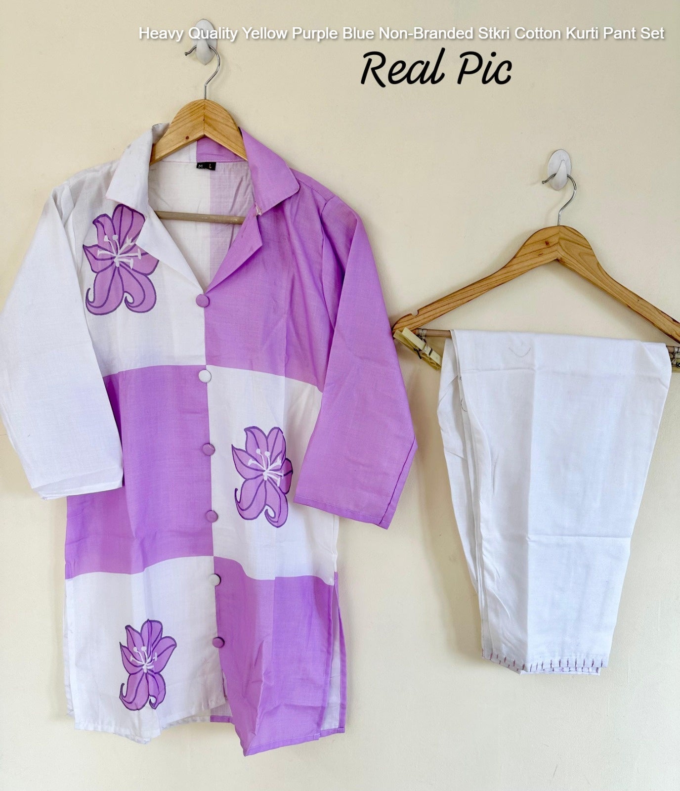 Heavy Quality Yellow Purple Blue Non-Branded Stkri Cotton Kurti Pant Set