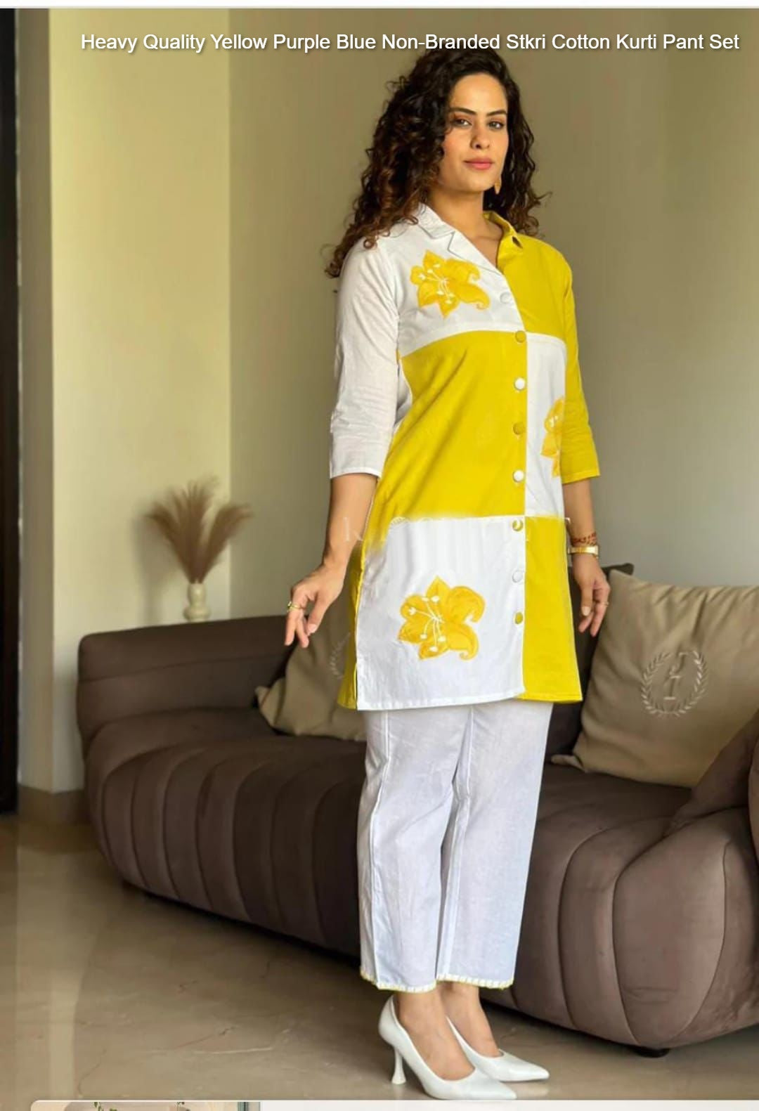 Heavy Quality Yellow Purple Blue Non-Branded Stkri Cotton Kurti Pant Set