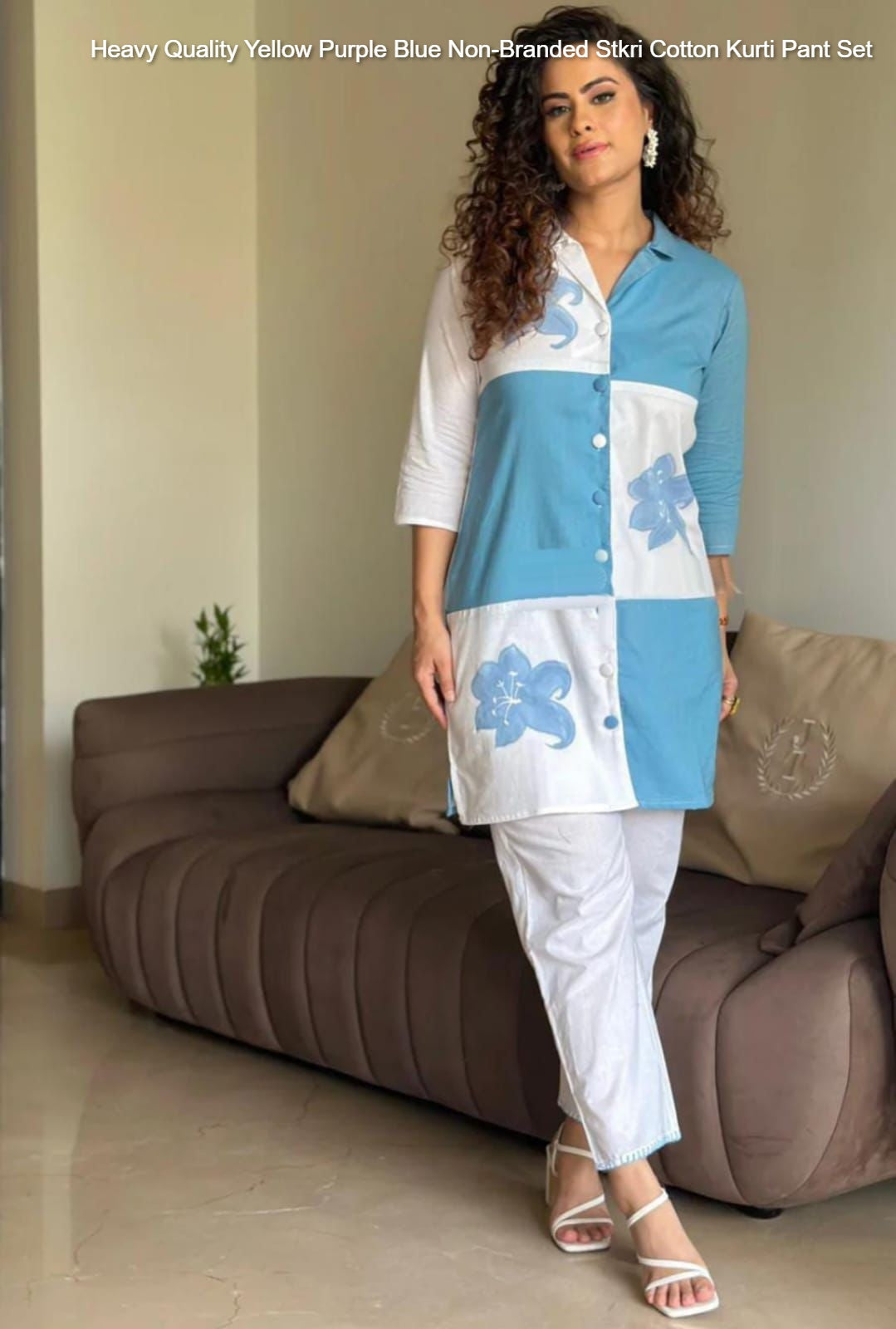 Heavy Quality Yellow Purple Blue Non-Branded Stkri Cotton Kurti Pant Set
