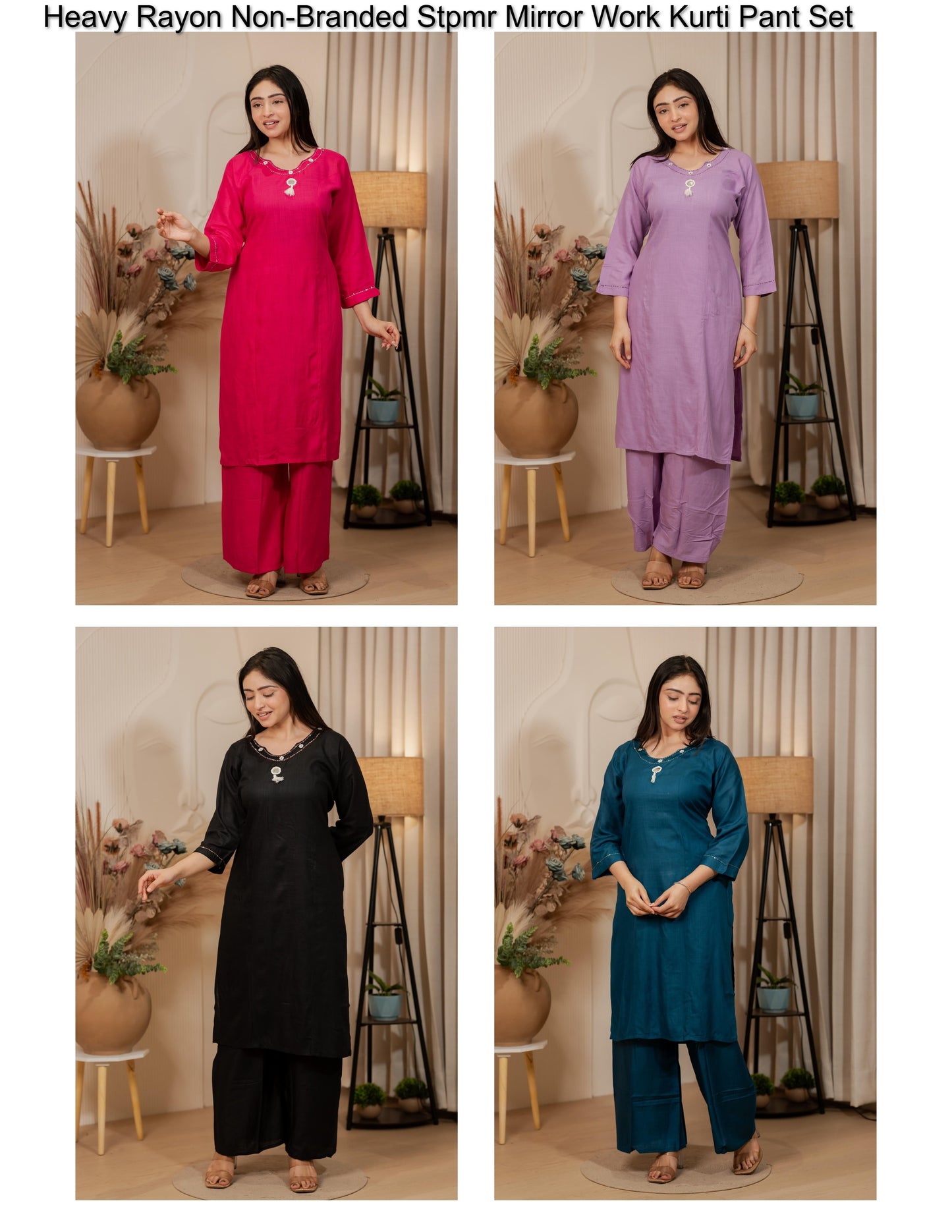 Heavy Rayon Non-Branded Stpmr Mirror Work Kurti Pant Set