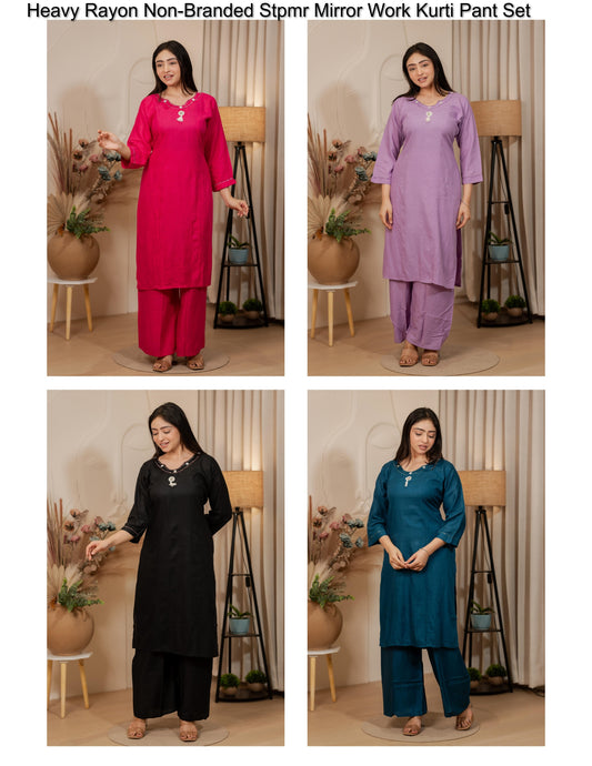 Heavy Rayon Non-Branded Stpmr Mirror Work Kurti Pant Set