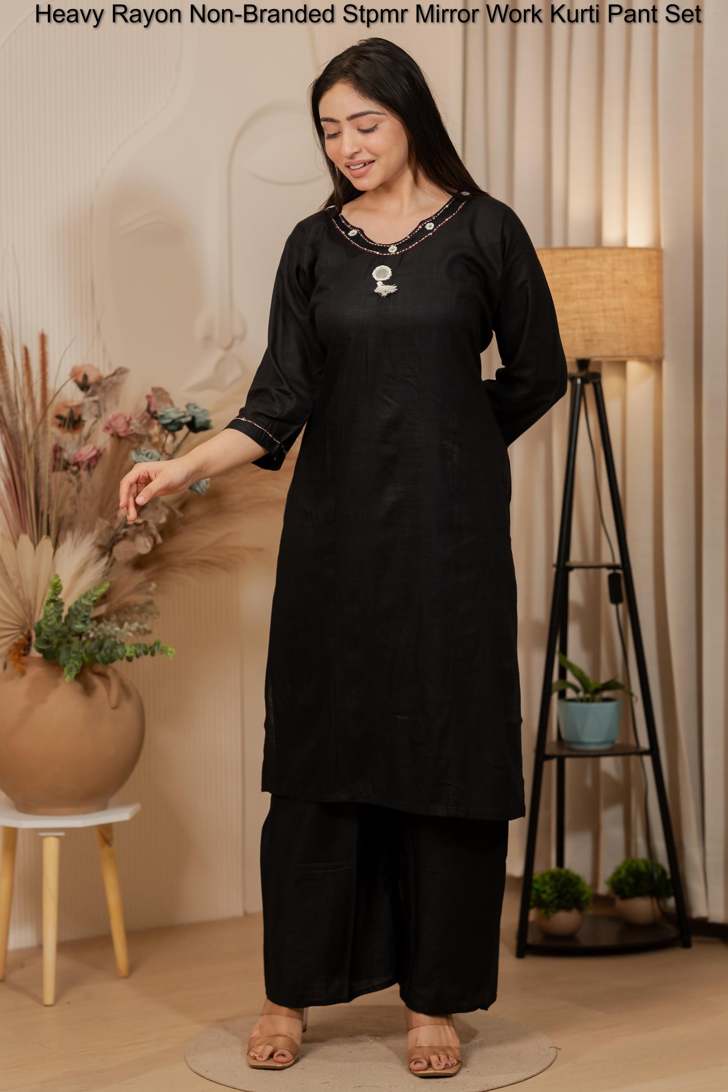 Heavy Rayon Non-Branded Stpmr Mirror Work Kurti Pant Set