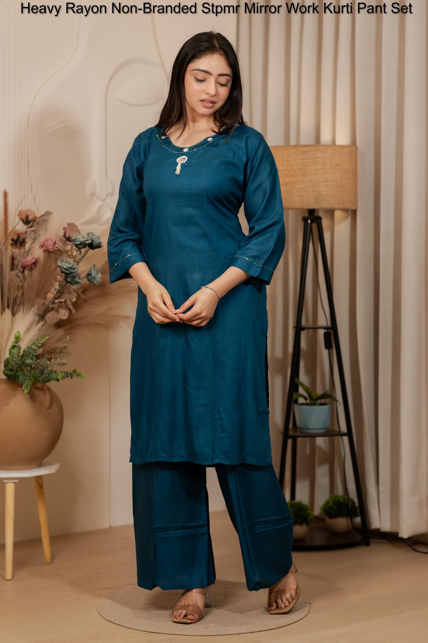 Heavy Rayon Non-Branded Stpmr Mirror Work Kurti Pant Set