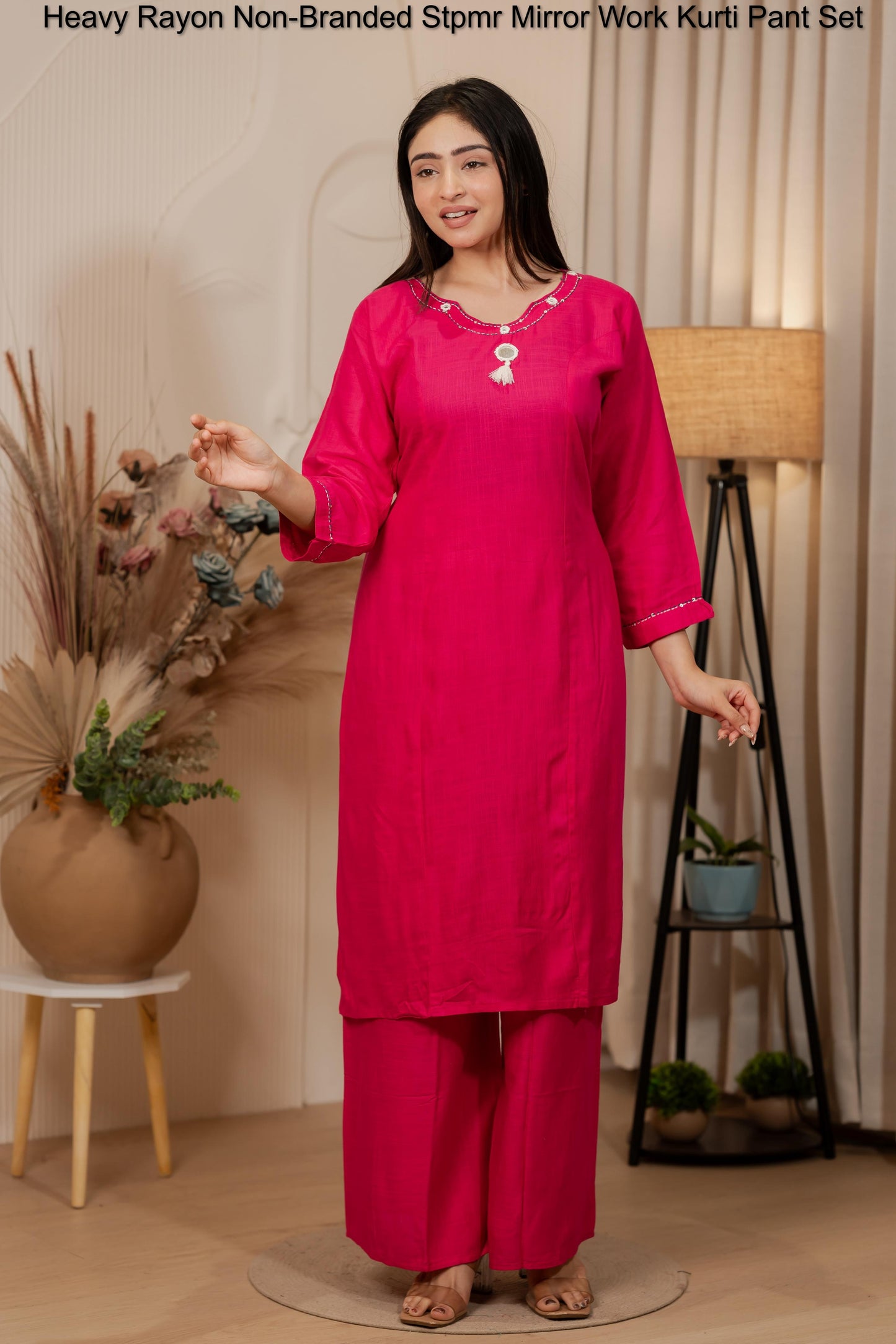 Heavy Rayon Non-Branded Stpmr Mirror Work Kurti Pant Set
