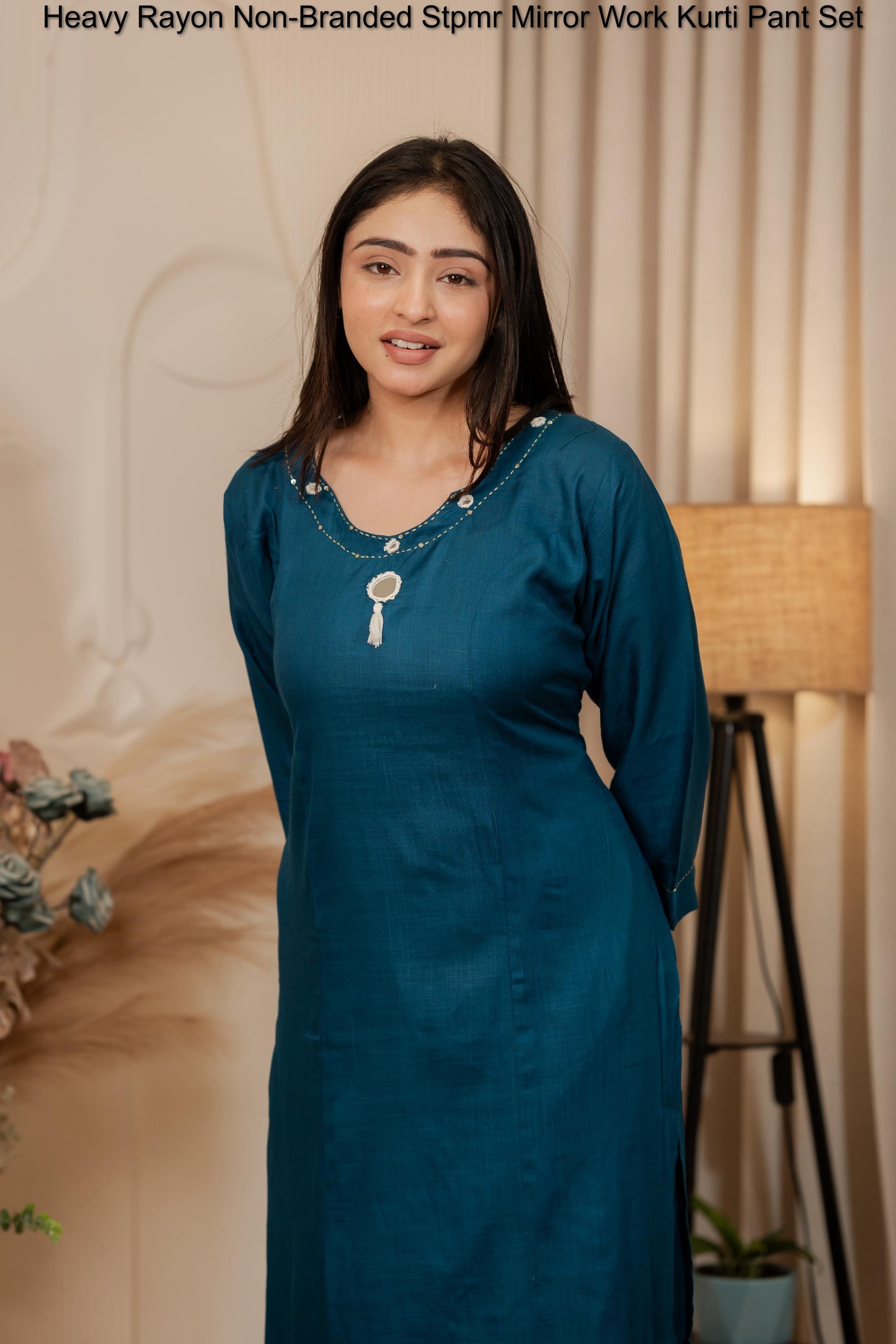 Heavy Rayon Non-Branded Stpmr Mirror Work Kurti Pant Set