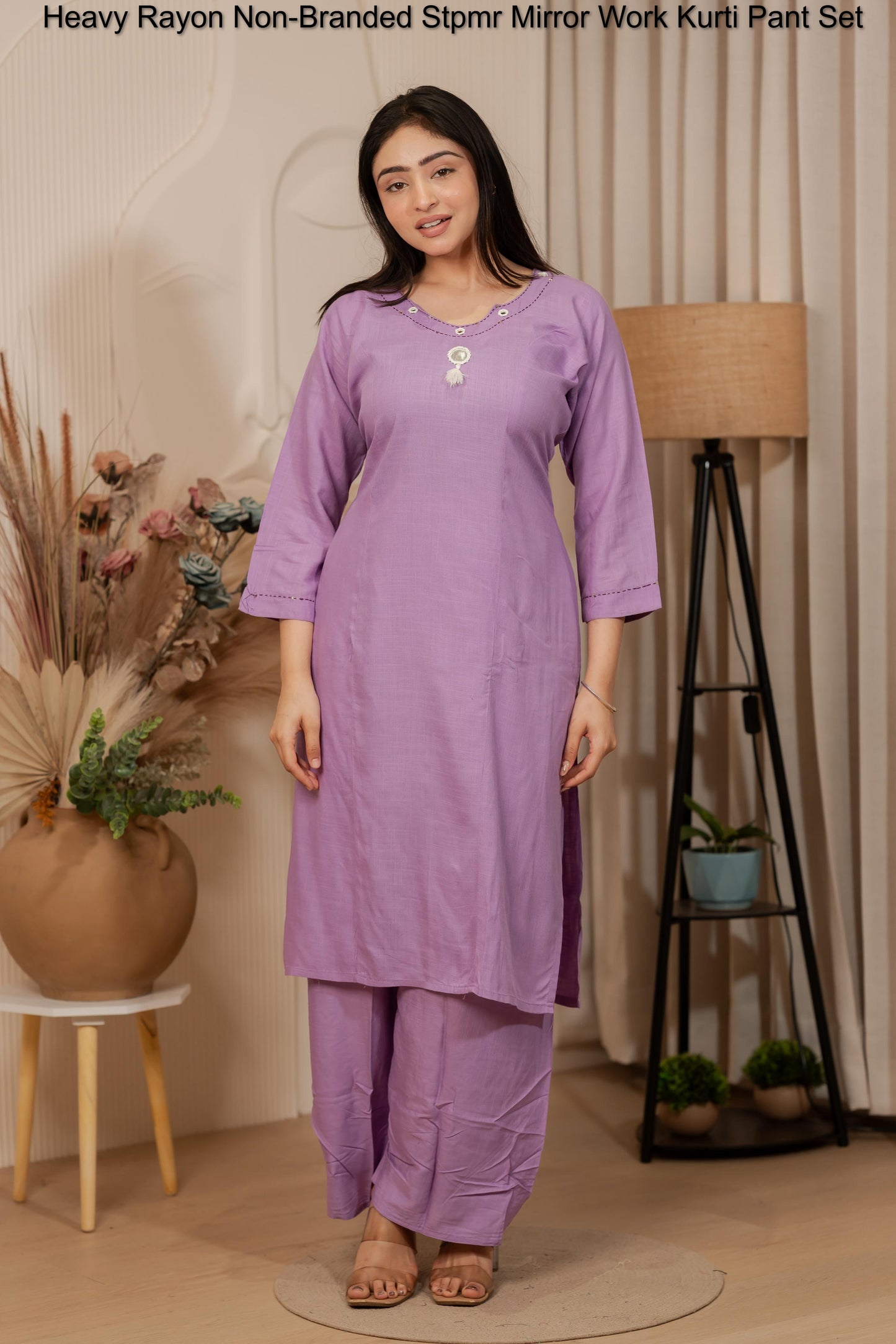 Heavy Rayon Non-Branded Stpmr Mirror Work Kurti Pant Set