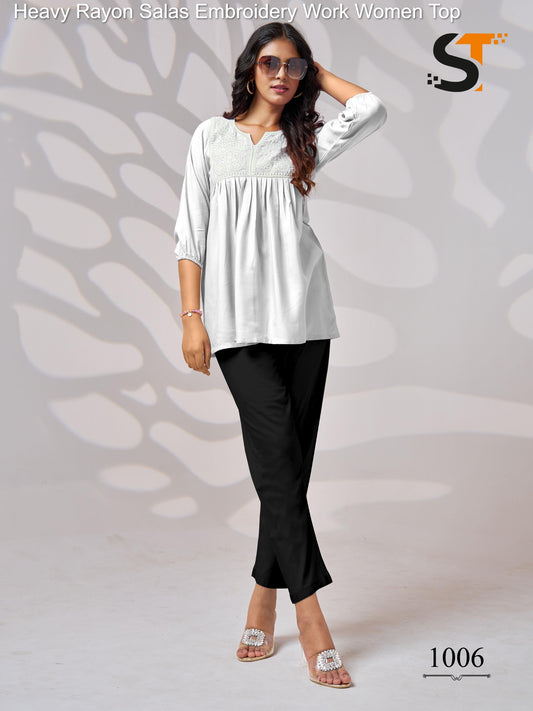Heavy Rayon Salas Embroidery Work Women Top