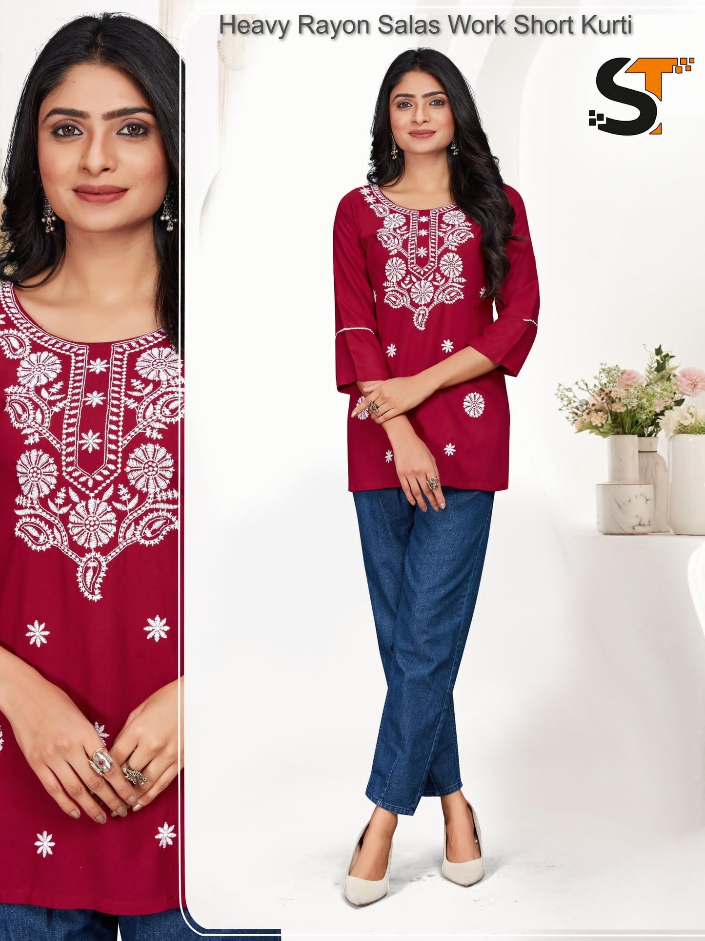 Heavy Rayon Salas Work Short Kurti