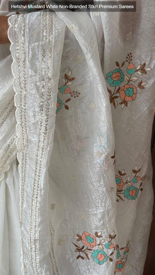 Hetshvi Mustard White Non-Branded Stkri Premium Sarees
