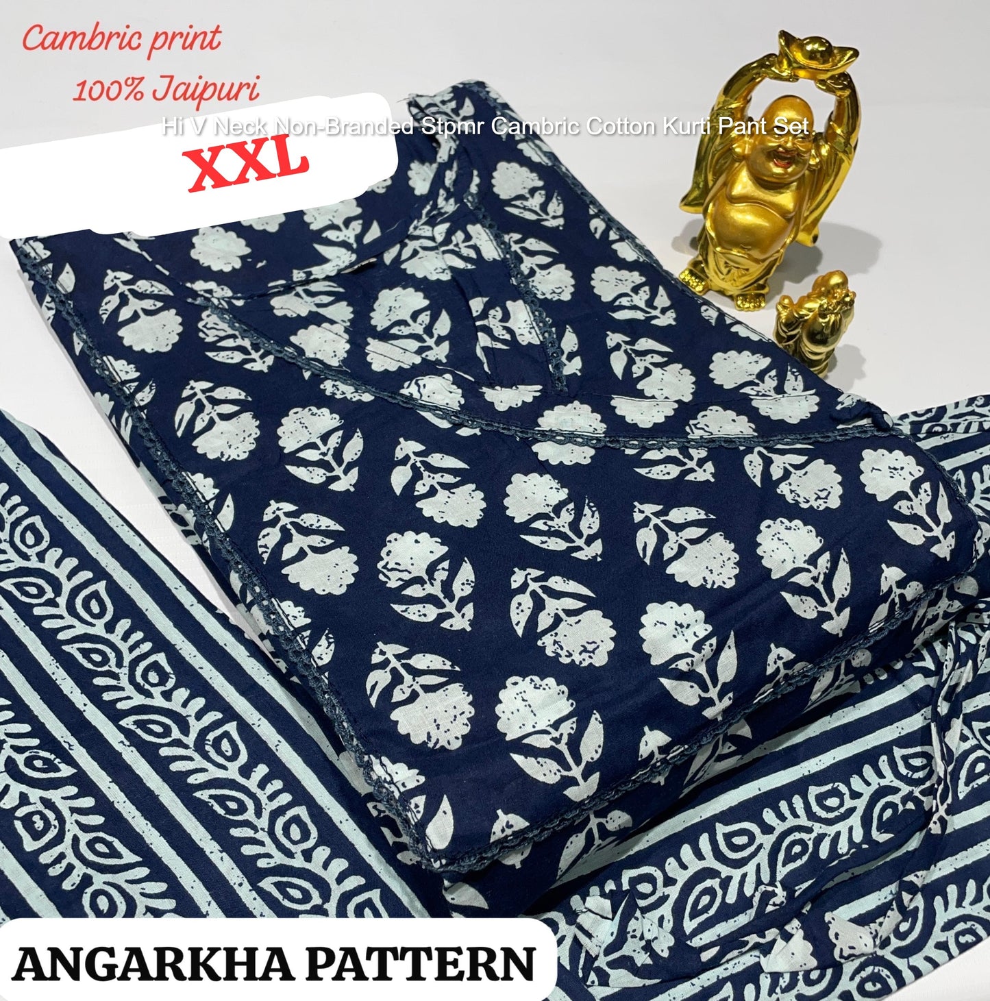 Hi V Neck Non-Branded Stpmr Cambric Cotton Kurti Pant Set