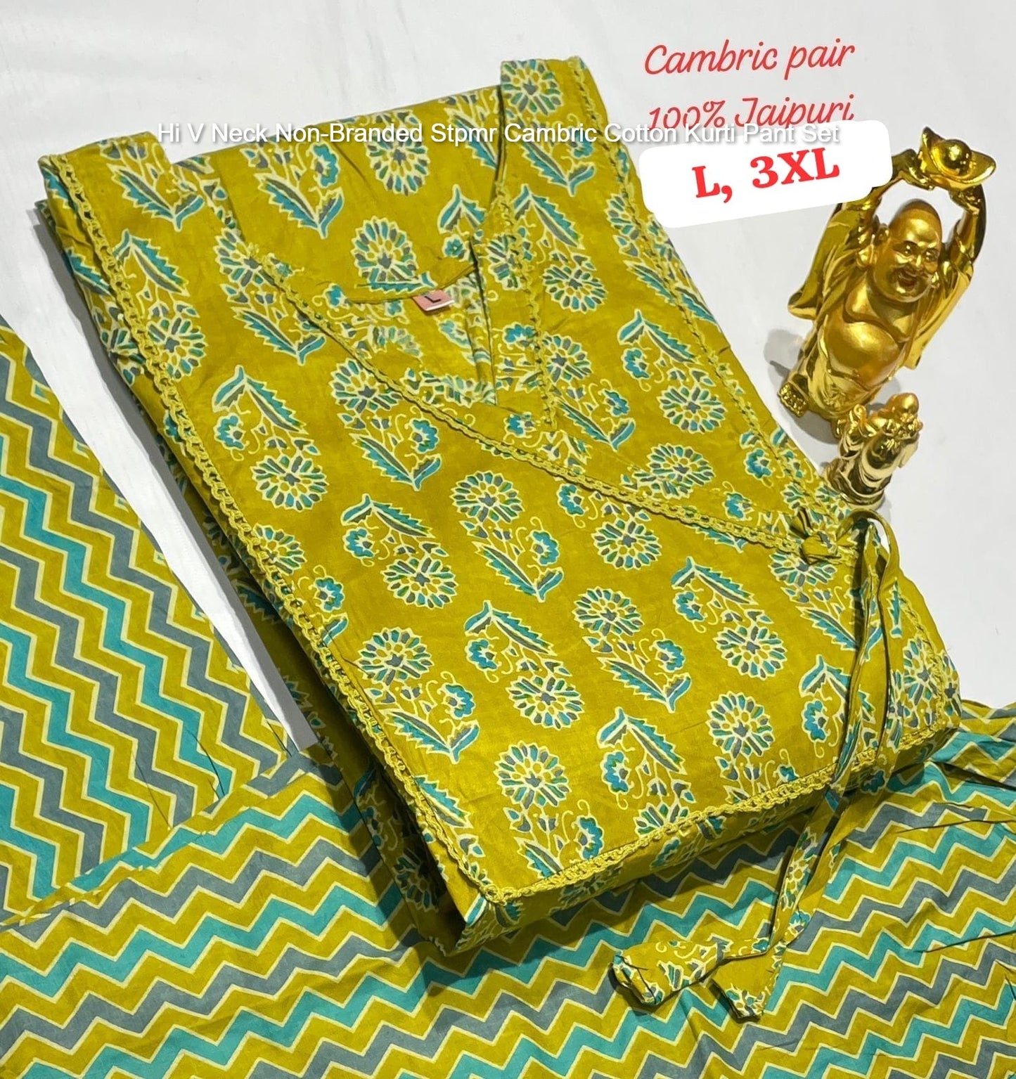 Hi V Neck Non-Branded Stpmr Cambric Cotton Kurti Pant Set