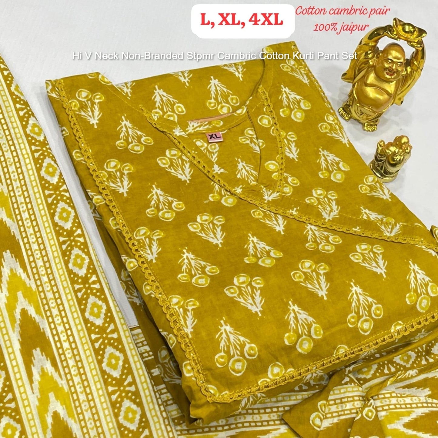 Hi V Neck Non-Branded Stpmr Cambric Cotton Kurti Pant Set