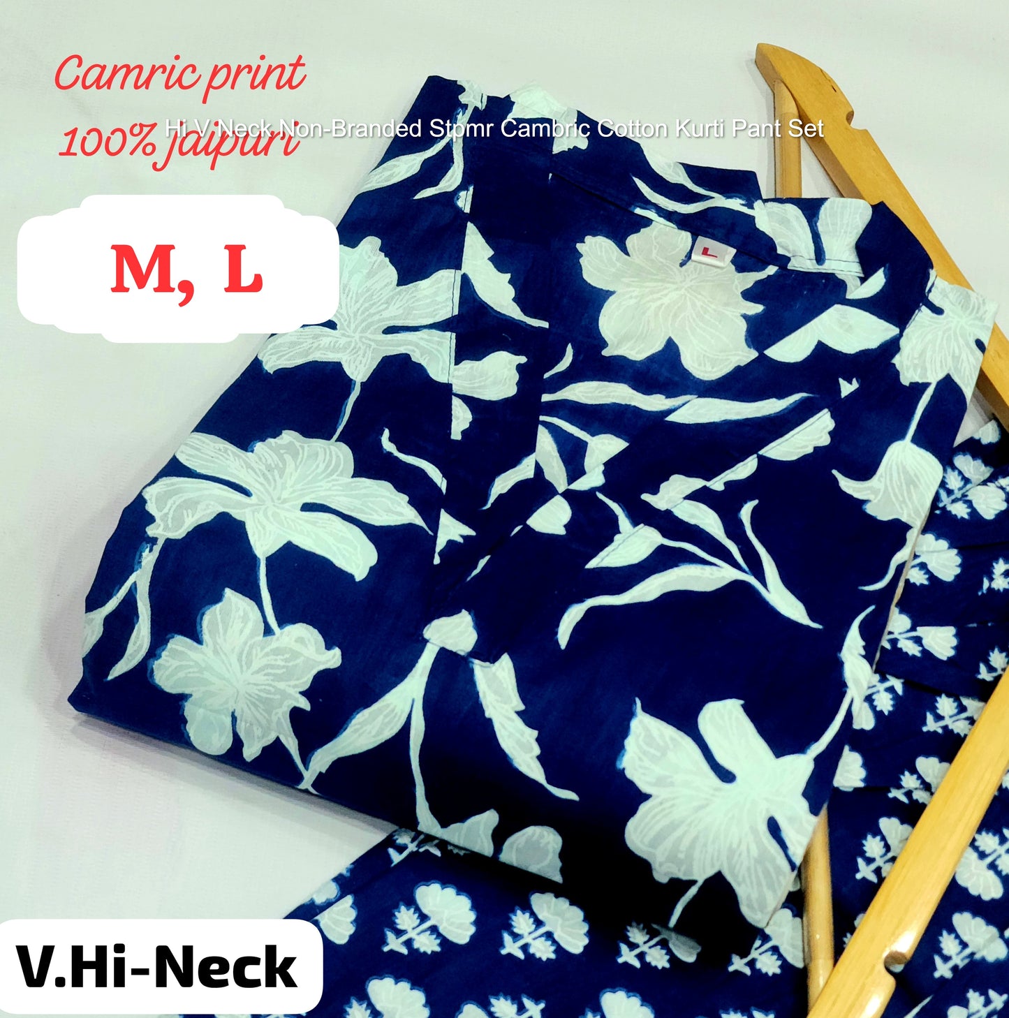 Hi V Neck Non-Branded Stpmr Cambric Cotton Kurti Pant Set