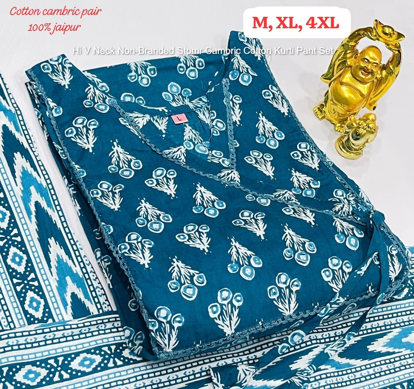 Hi V Neck Non-Branded Stpmr Cambric Cotton Kurti Pant Set