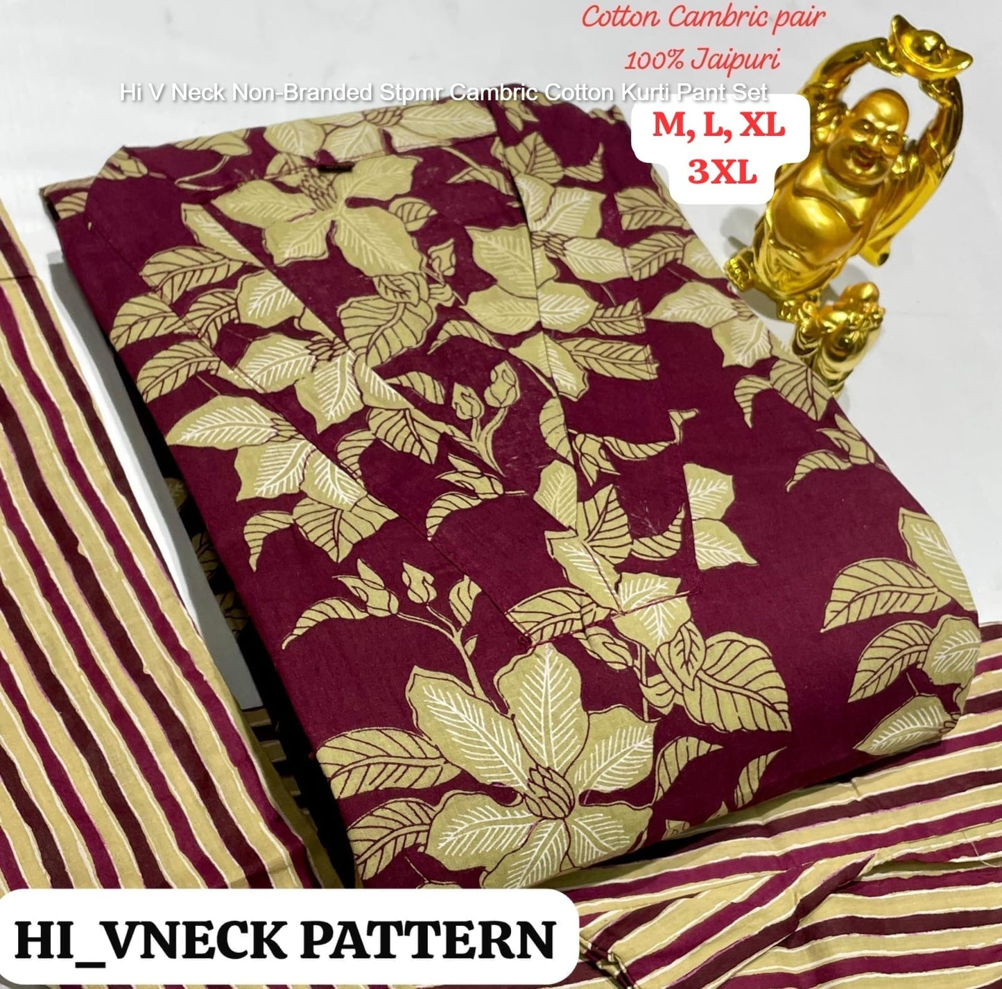 Hi V Neck Non-Branded Stpmr Cambric Cotton Kurti Pant Set