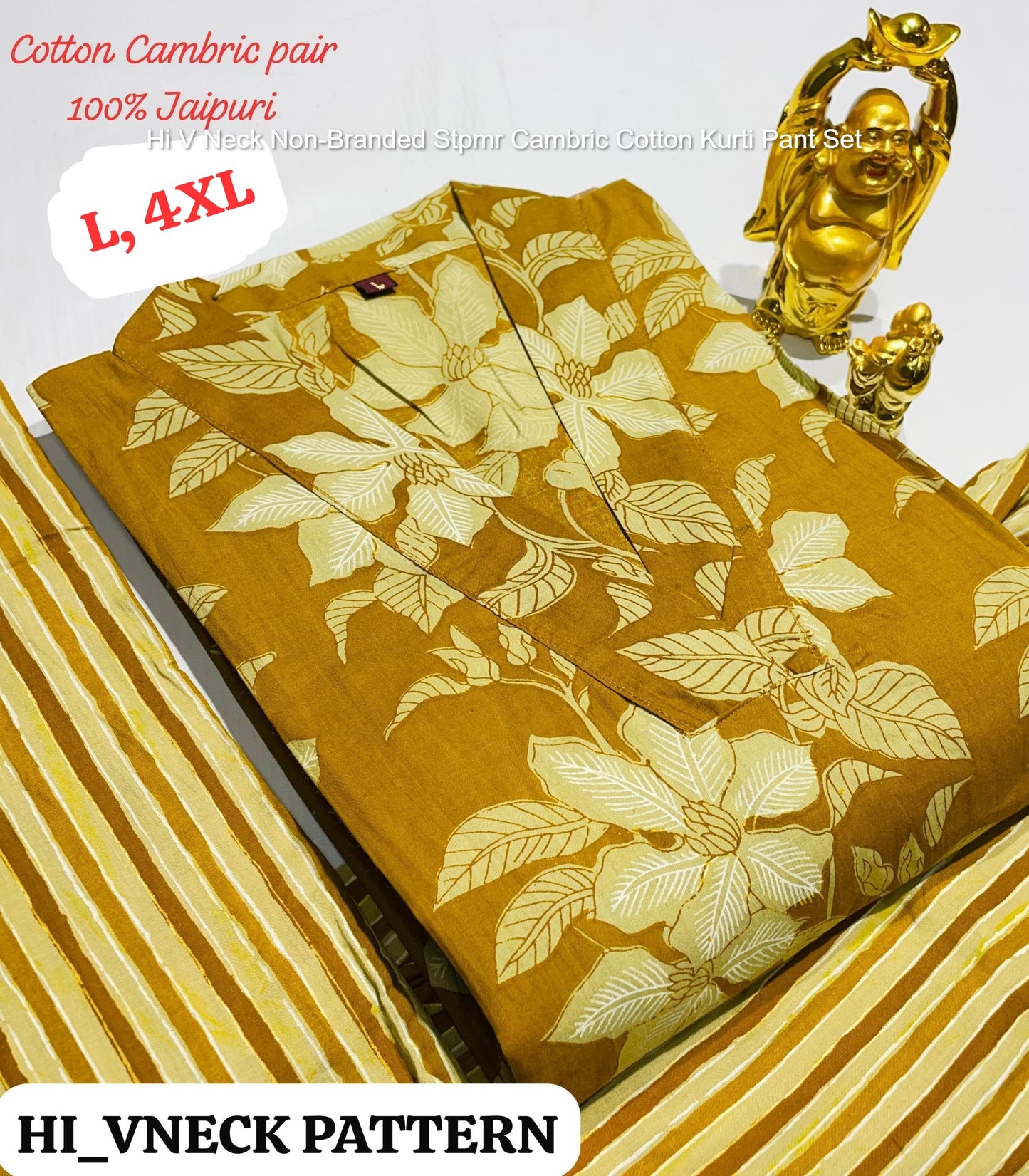 Hi V Neck Non-Branded Stpmr Cambric Cotton Kurti Pant Set