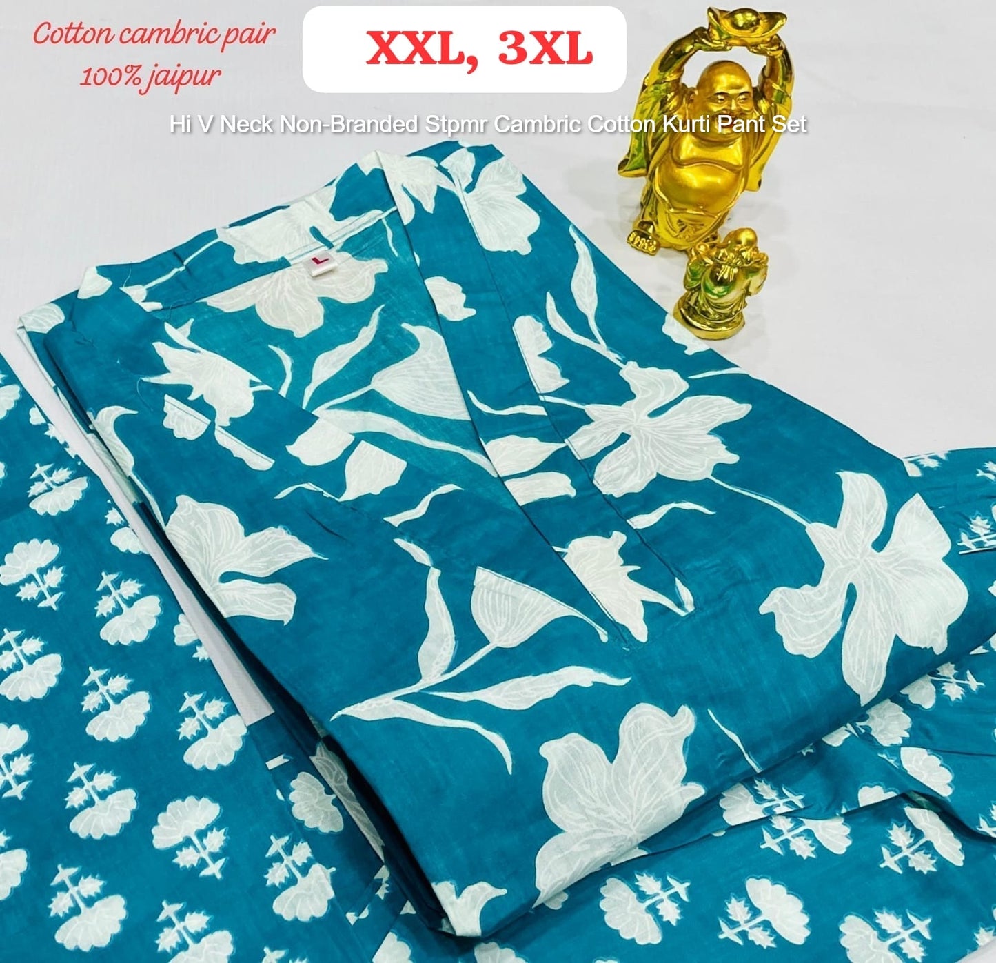 Hi V Neck Non-Branded Stpmr Cambric Cotton Kurti Pant Set