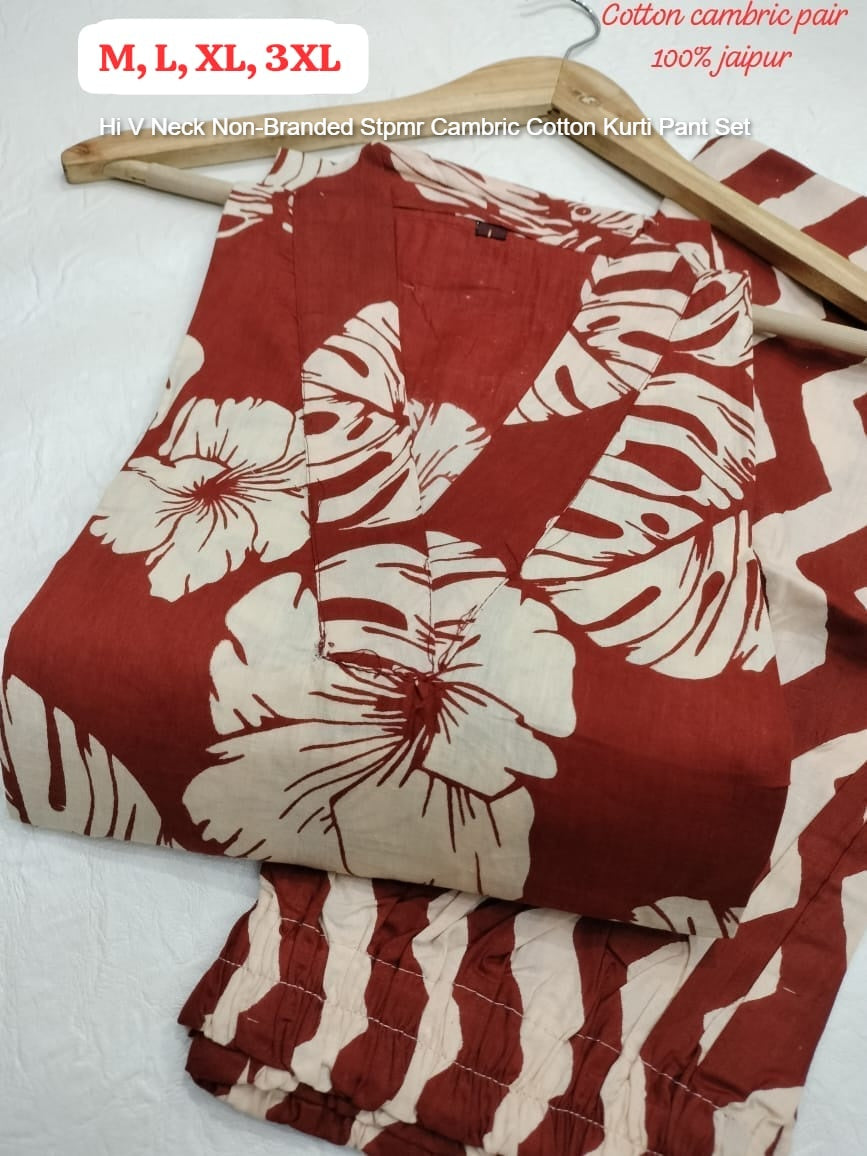 Hi V Neck Non-Branded Stpmr Cambric Cotton Kurti Pant Set