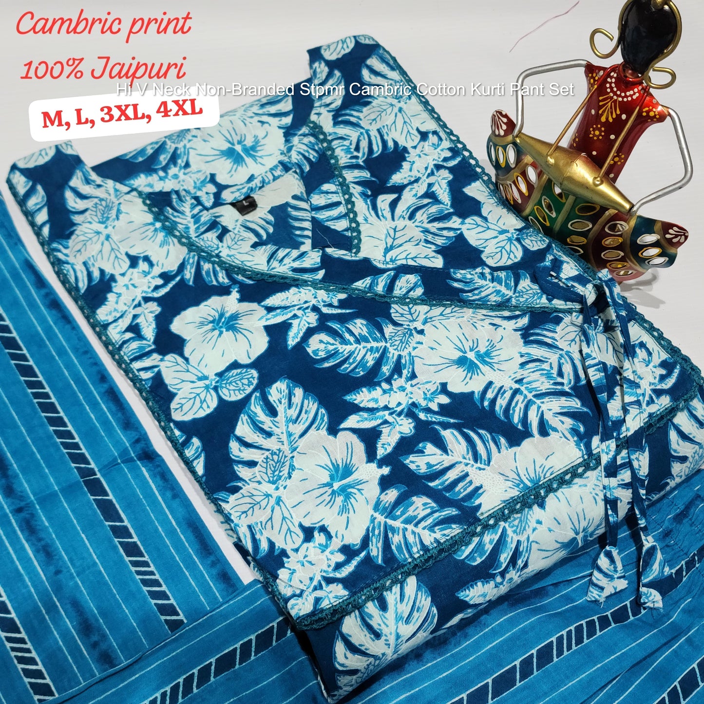 Hi V Neck Non-Branded Stpmr Cambric Cotton Kurti Pant Set