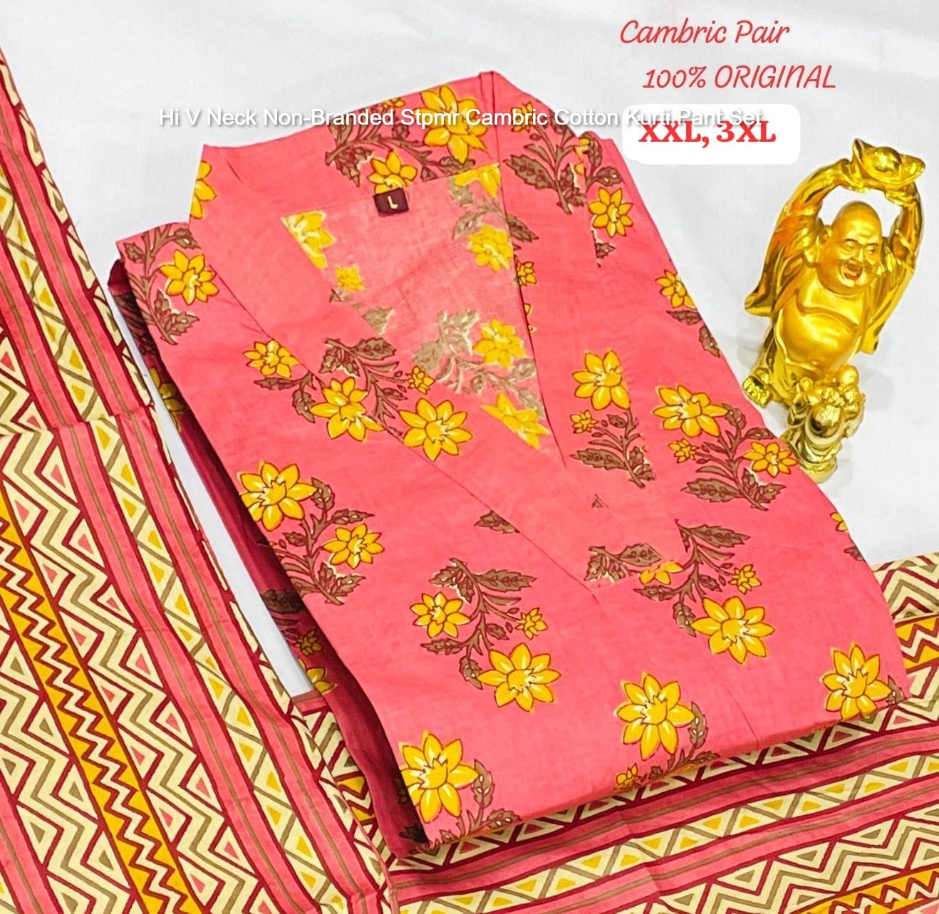 Hi V Neck Non-Branded Stpmr Cambric Cotton Kurti Pant Set