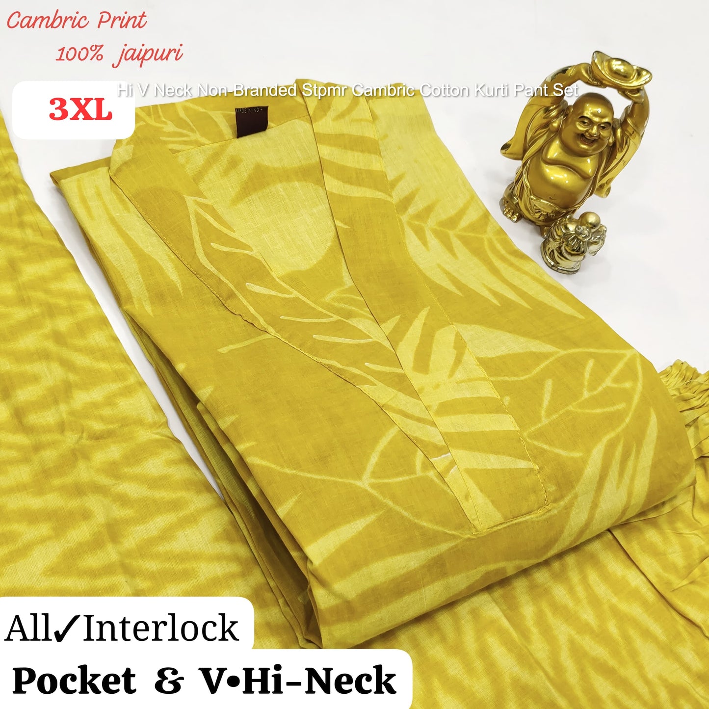 Hi V Neck Non-Branded Stpmr Cambric Cotton Kurti Pant Set