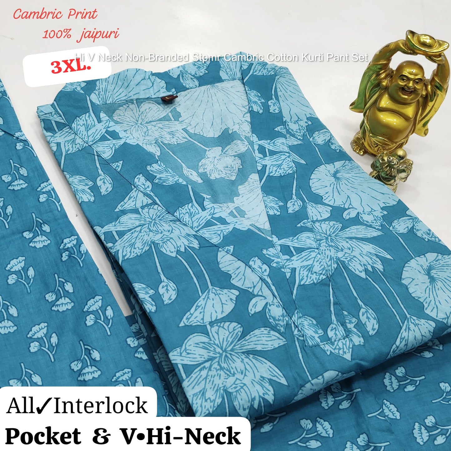 Hi V Neck Non-Branded Stpmr Cambric Cotton Kurti Pant Set