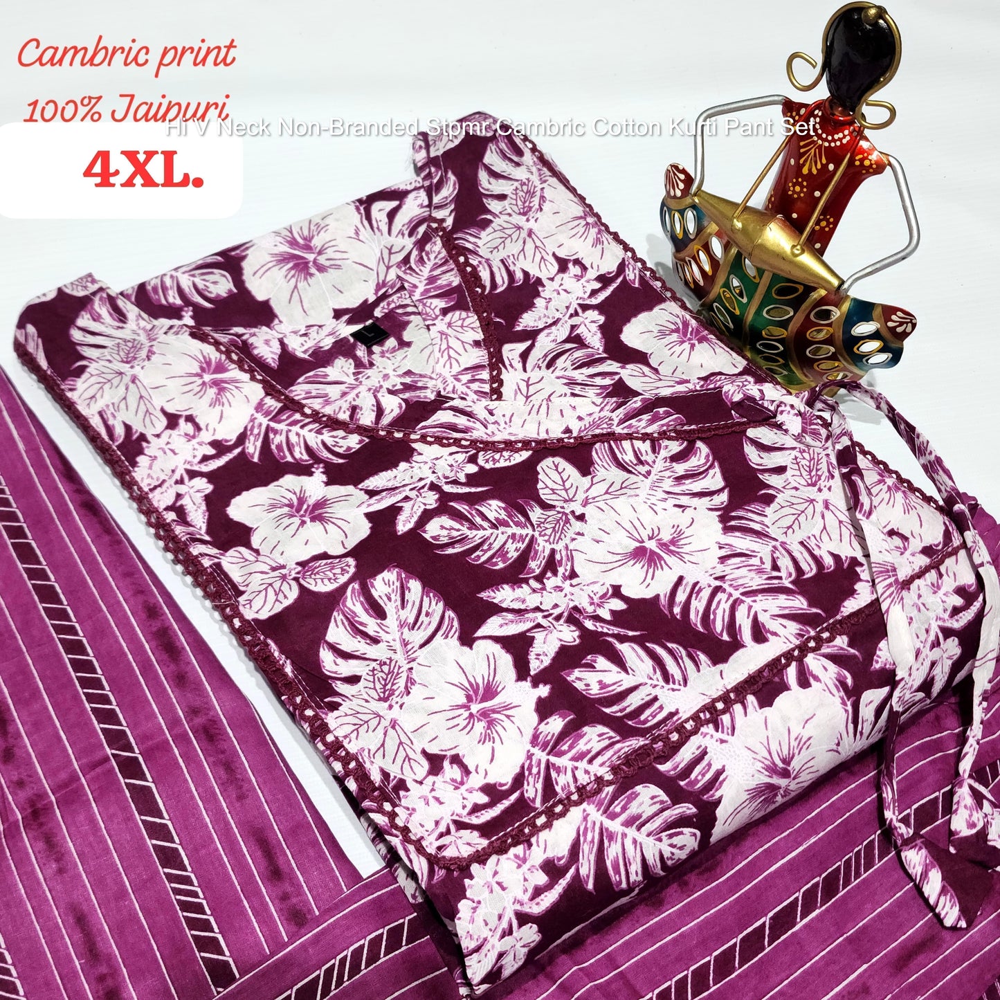 Hi V Neck Non-Branded Stpmr Cambric Cotton Kurti Pant Set