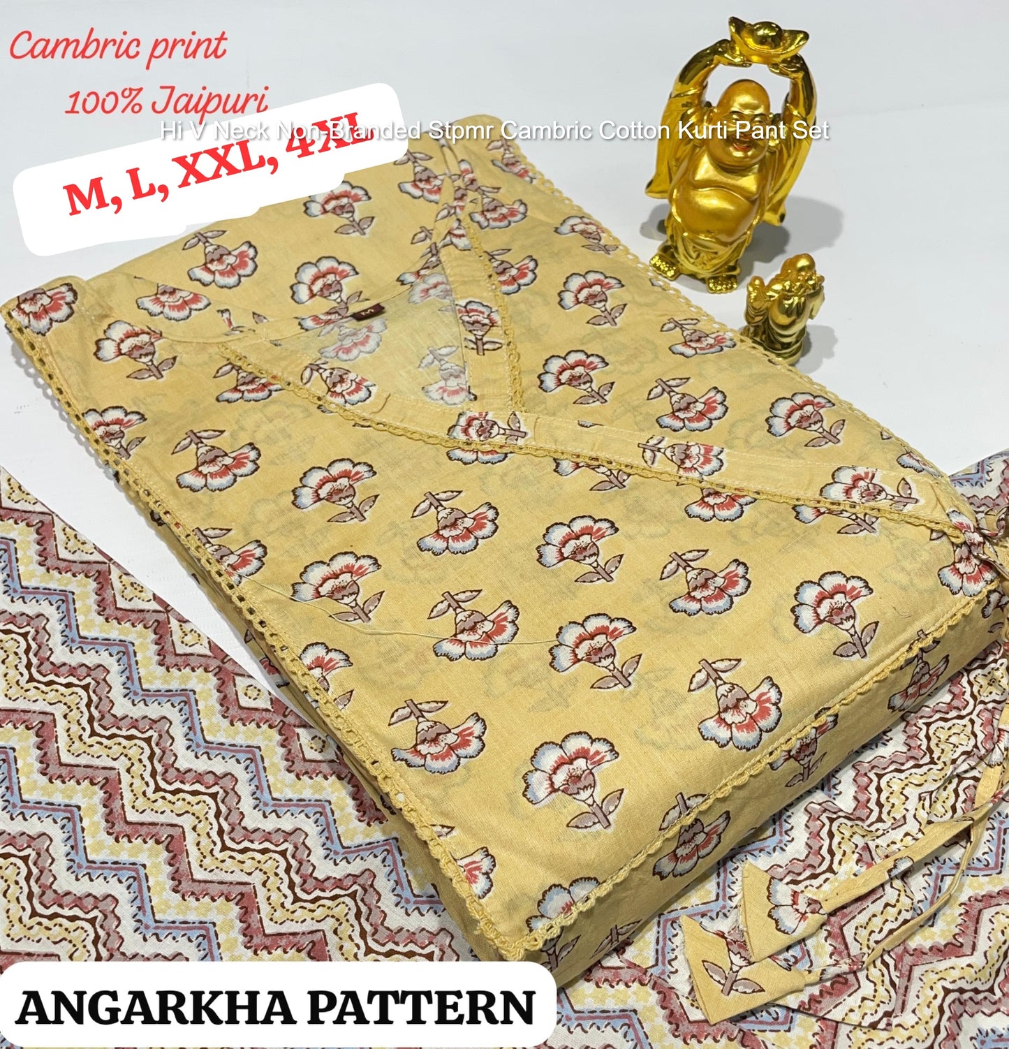 Hi V Neck Non-Branded Stpmr Cambric Cotton Kurti Pant Set