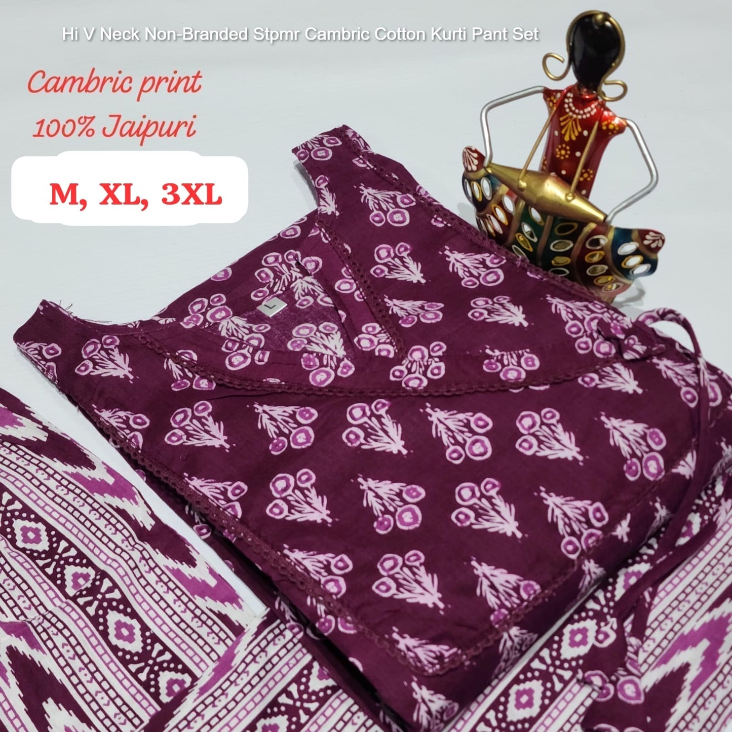 Hi V Neck Non-Branded Stpmr Cambric Cotton Kurti Pant Set