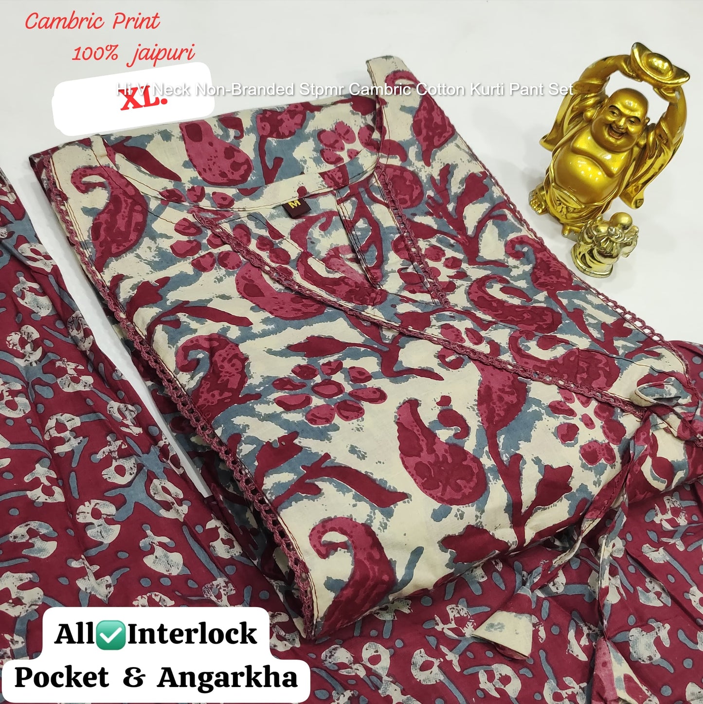 Hi V Neck Non-Branded Stpmr Cambric Cotton Kurti Pant Set