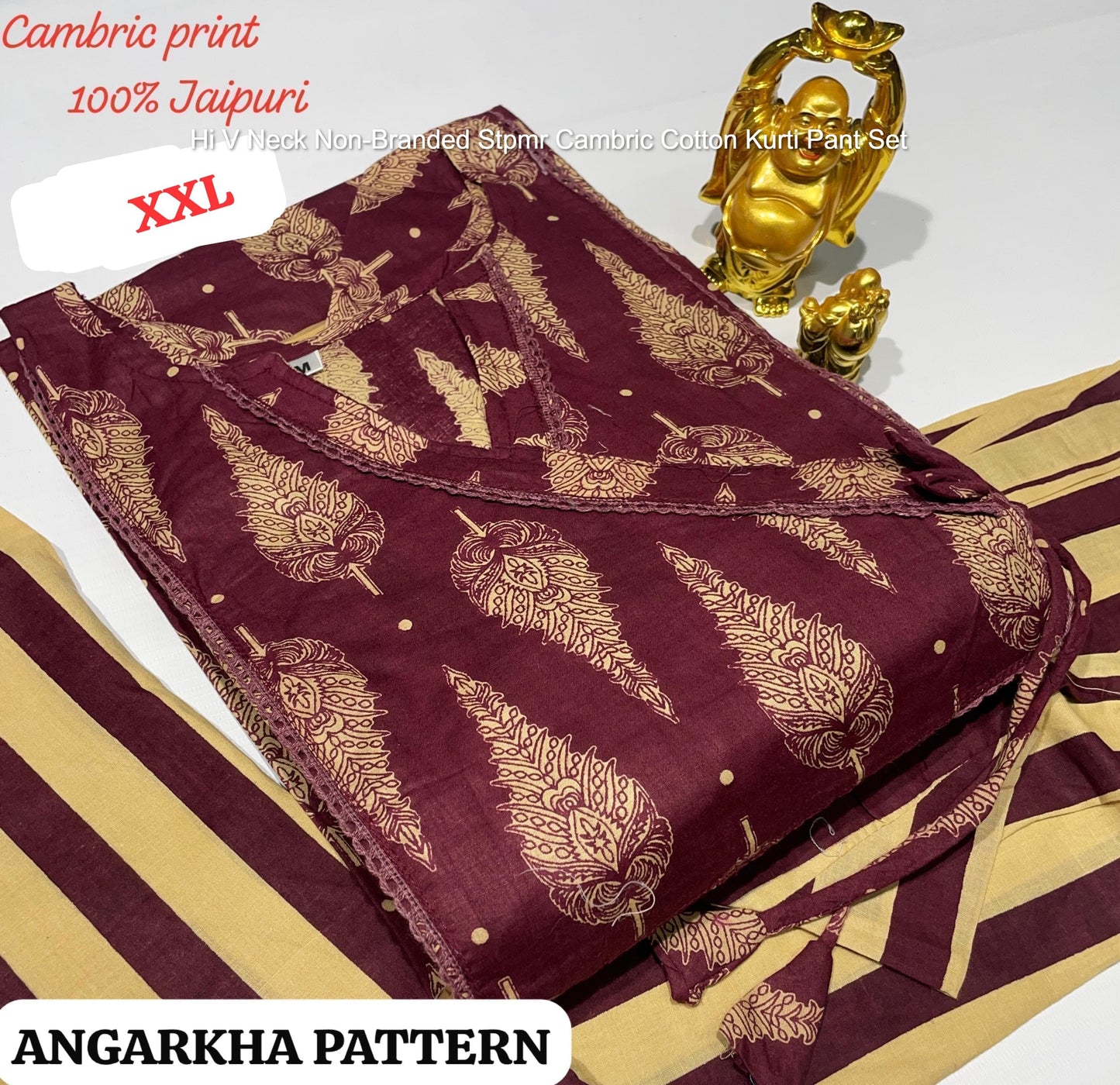 Hi V Neck Non-Branded Stpmr Cambric Cotton Kurti Pant Set