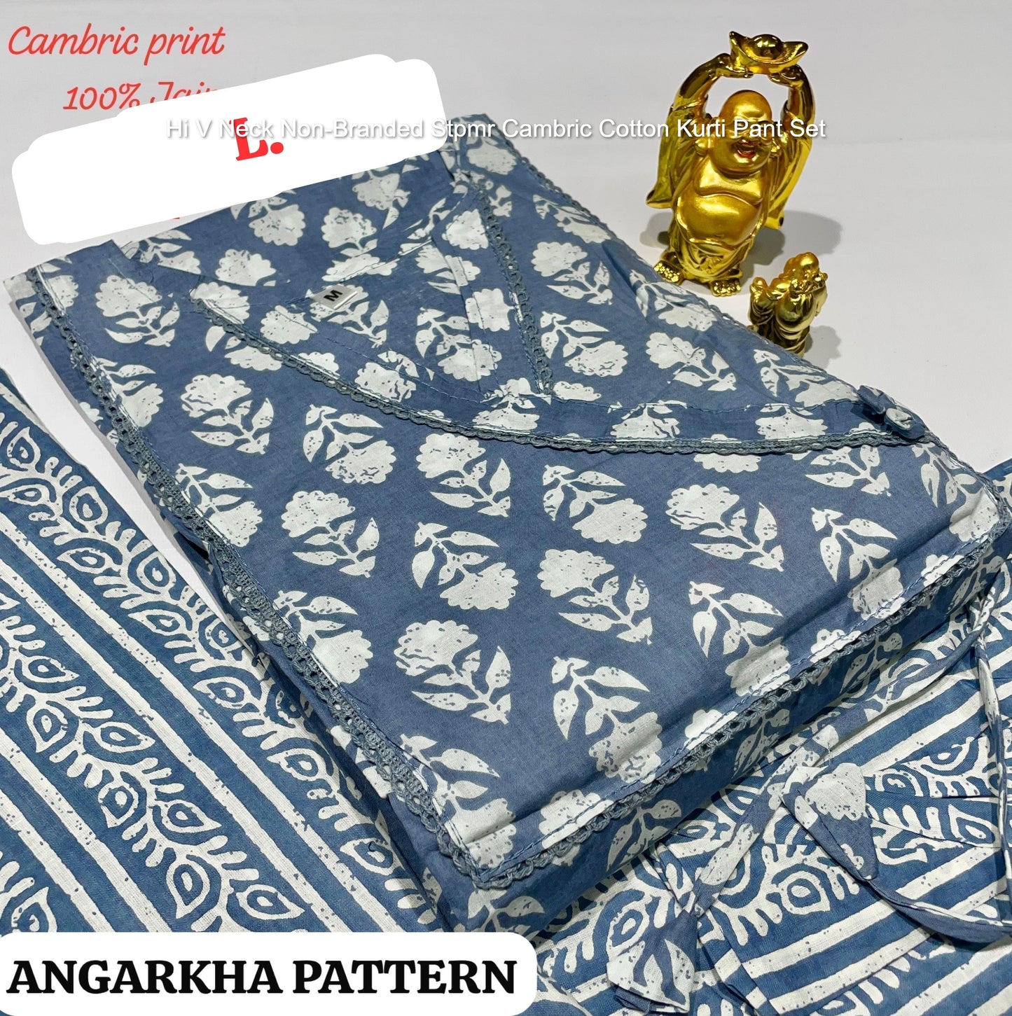 Hi V Neck Non-Branded Stpmr Cambric Cotton Kurti Pant Set