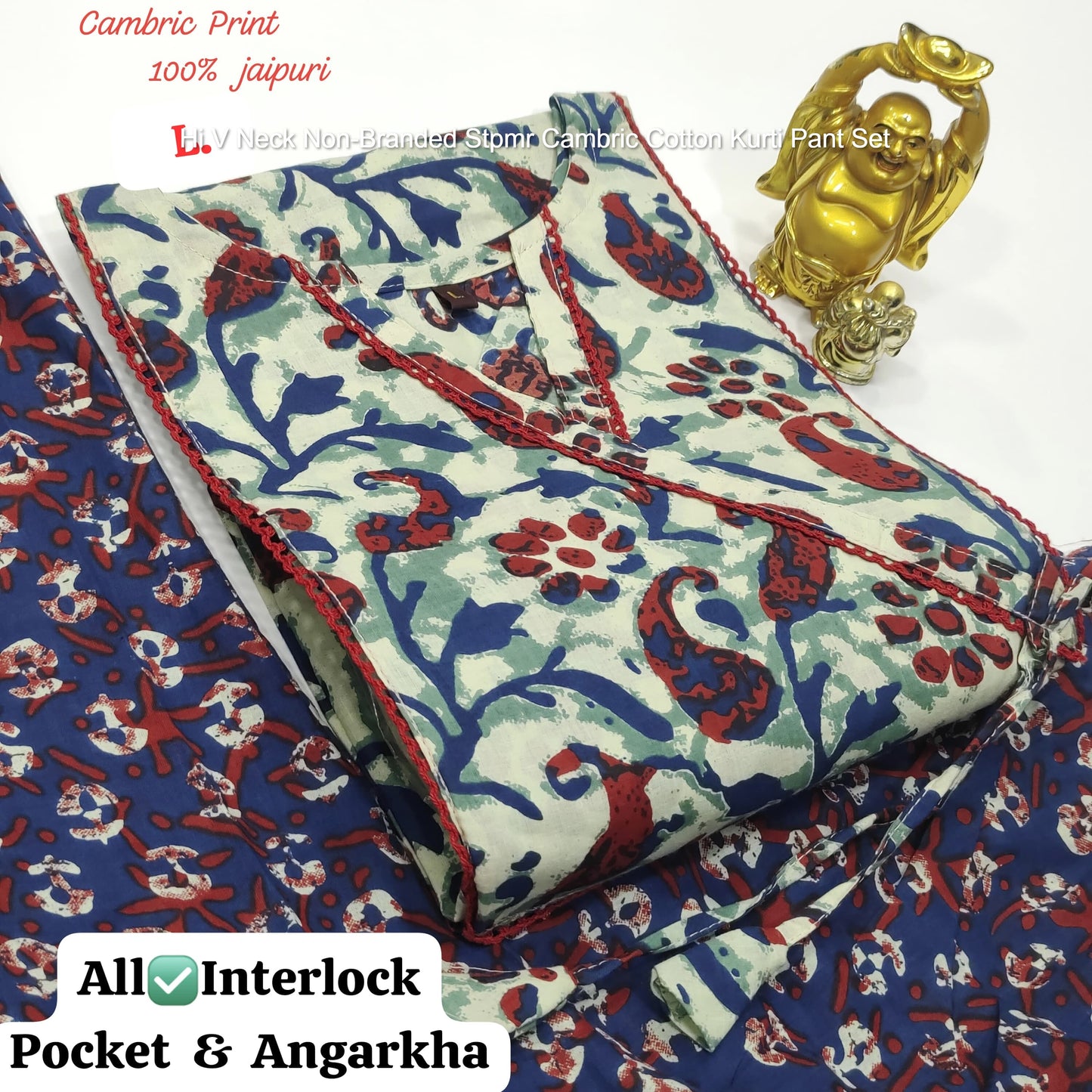 Hi V Neck Non-Branded Stpmr Cambric Cotton Kurti Pant Set