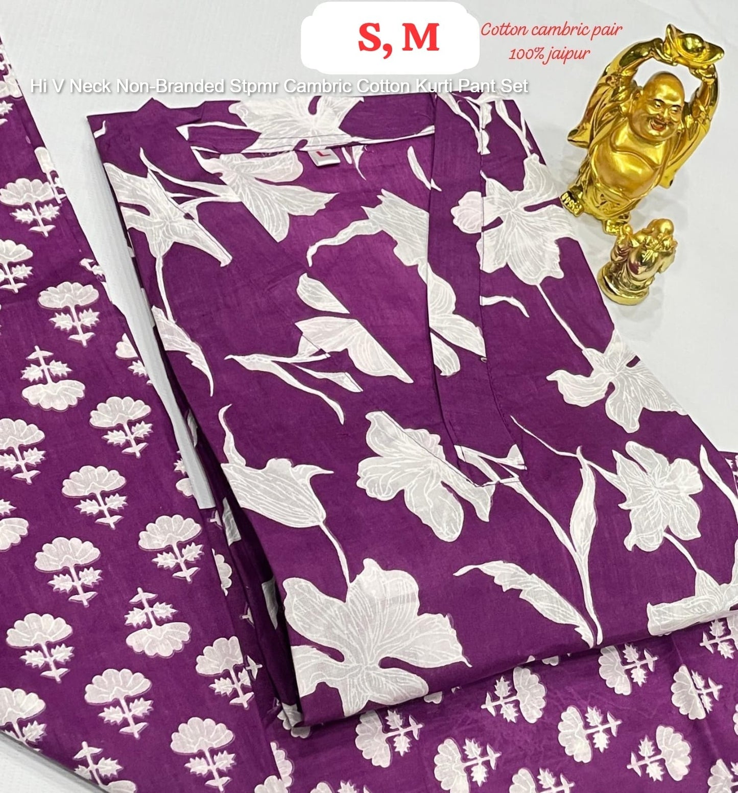 Hi V Neck Non-Branded Stpmr Cambric Cotton Kurti Pant Set