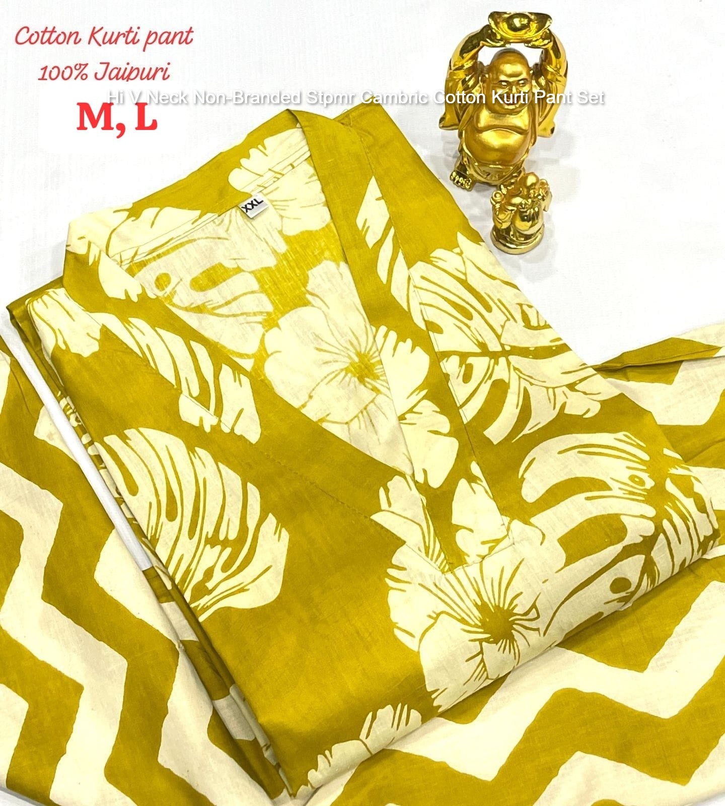 Hi V Neck Non-Branded Stpmr Cambric Cotton Kurti Pant Set