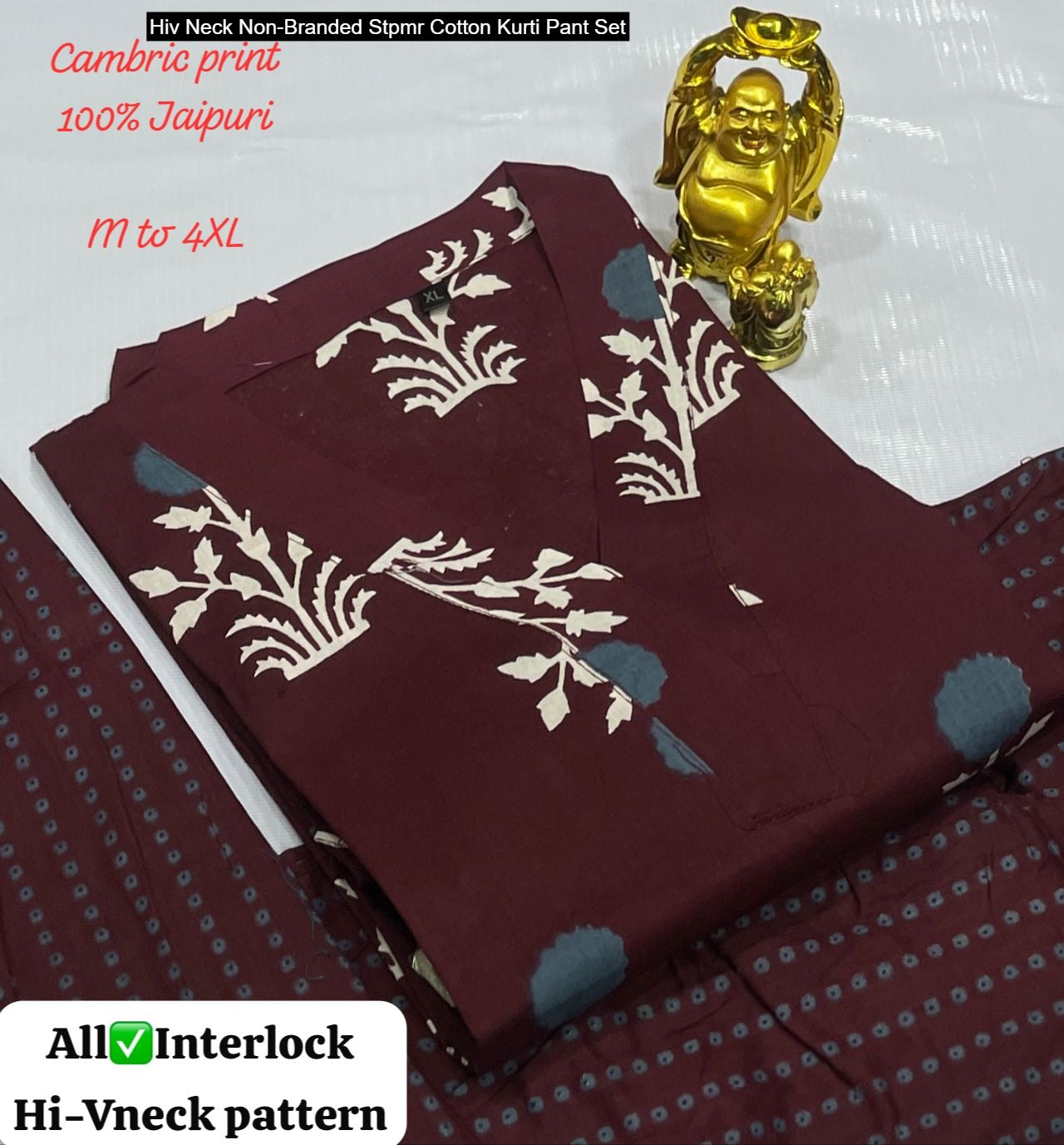 Hiv Neck Non-Branded Stpmr Cotton Kurti Pant Set