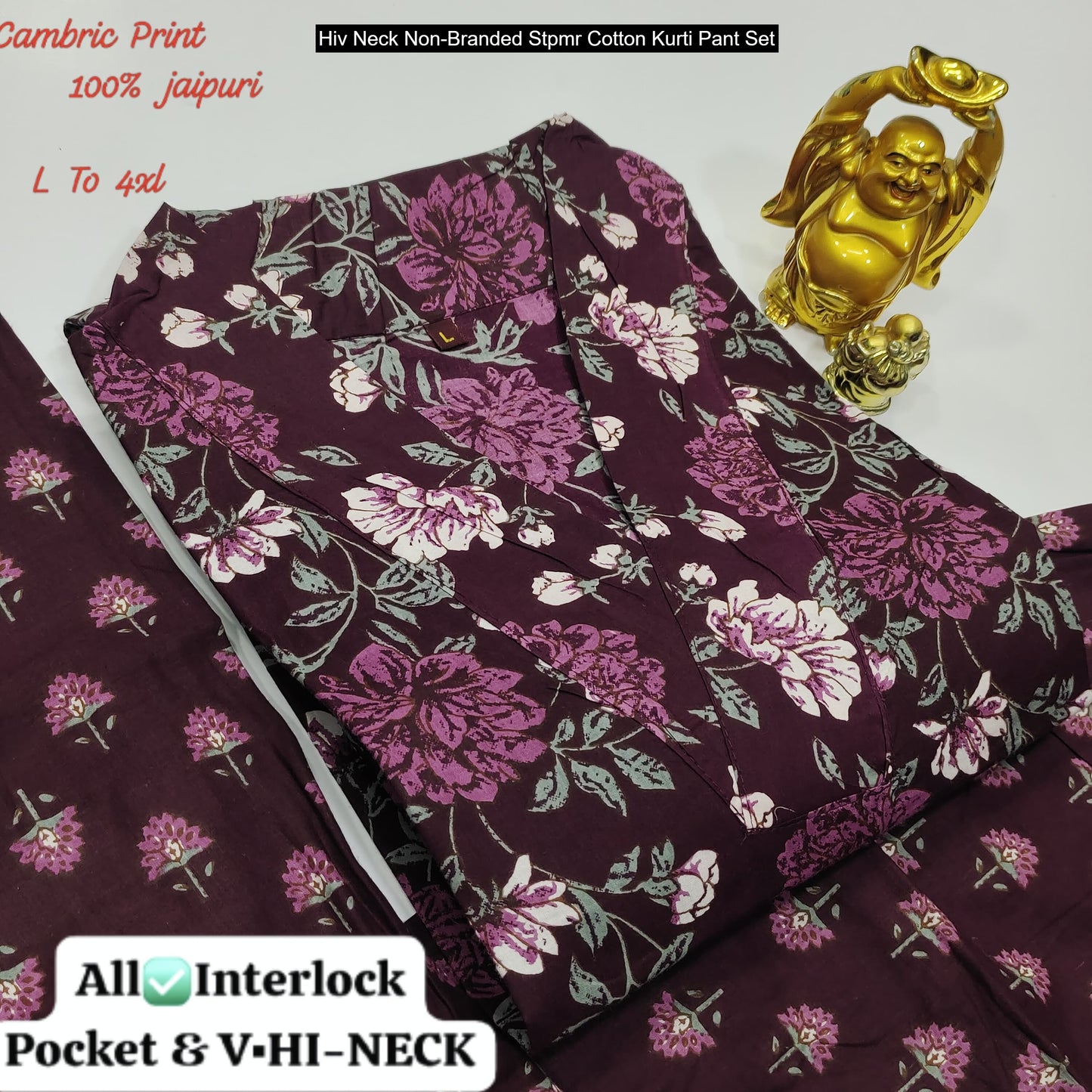 Hiv Neck Non-Branded Stpmr Cotton Kurti Pant Set