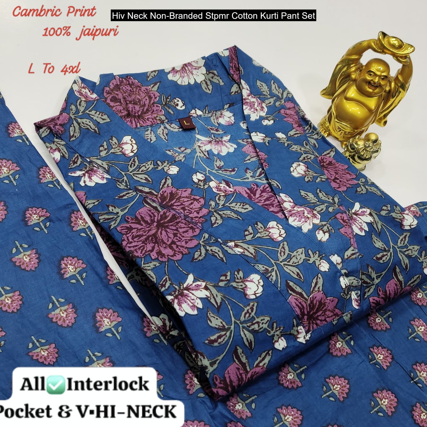 Hiv Neck Non-Branded Stpmr Cotton Kurti Pant Set