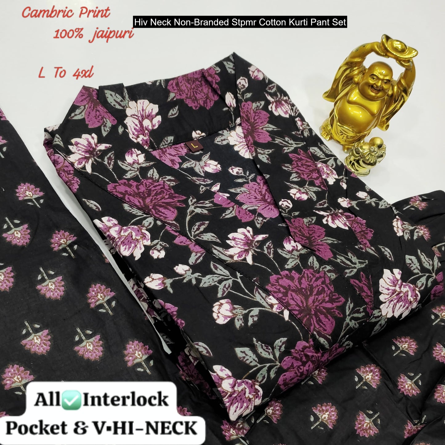Hiv Neck Non-Branded Stpmr Cotton Kurti Pant Set