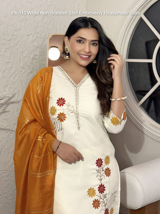 Hk-110 White Non-Branded Stkri Embroidery Readymade Suits