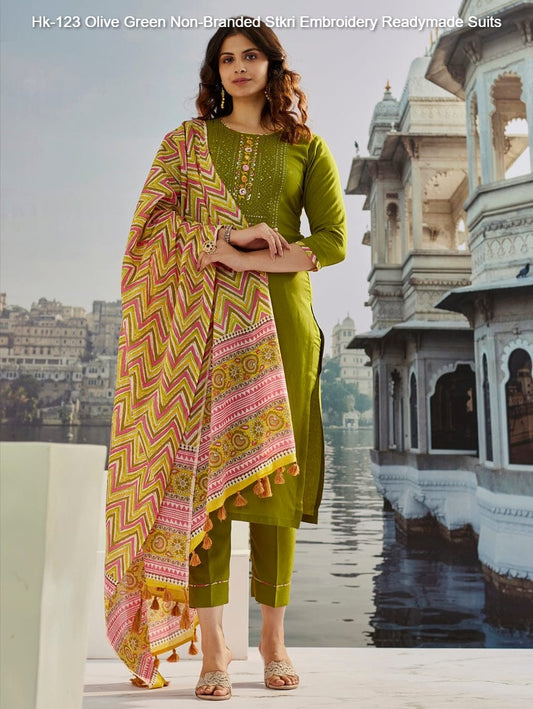 Hk-123 Olive Green Non-Branded Stkri Embroidery Readymade Suits