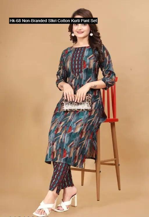 Hk-68 Non-Branded Stkri Cotton Kurti Pant Set