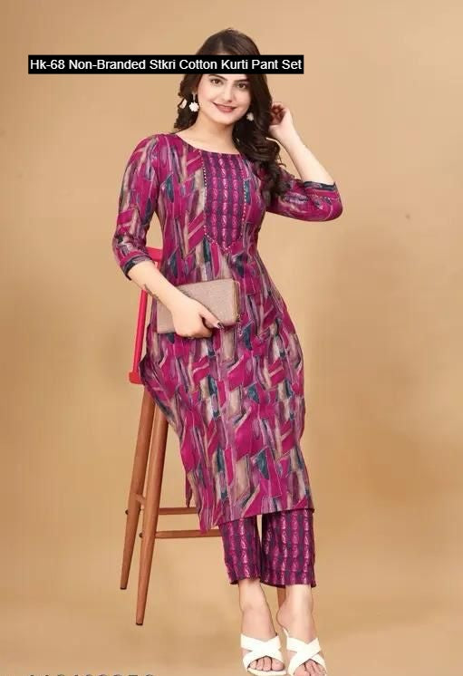 Hk-68 Non-Branded Stkri Cotton Kurti Pant Set